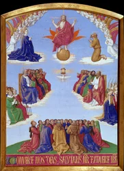 Pentecote: Helligåndens himmelfart. Miniature taget fra "" The Book of Hours of Etienne Chevalier"" af Jean Fouquet (1420-1477/1481)
