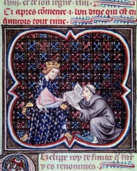 Primat præsenterer teksten til Frankrigs store krøniker for Filip III (1245-1285). Miniature fra manuskriptet af Jean Fouquet (1420 - 1481) "" Grandes Chronicles de France"". Paris. B N