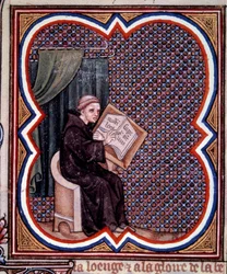Primat skriver de store krøniker i Frankrig i klosteret Saint Denis. Miniature fra manuskriptet af Jean Fouquet (1420 - 1481) "" Grandes Chronicles de France"". Paris, B N