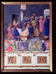 Saint John har Cene. Miniature taget fra "" The Book of Hours of Etienne Chevalier"" af Jean Fouquet (1420-1477/1481)