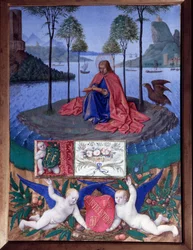 Saint John på øen Patmos Miniature i "" Etienne Chevaliers timer"" af Jean Fouquet (1420-1481)