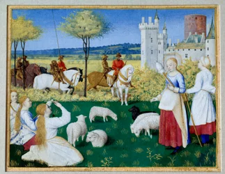 Den hellige Margarita af Antiochia (3. århundrede) og Olibrius også kendt som Margarita holder fårene Episode af Legende Doree of James (Jacobus) af Voragine (1228-1298). Prefet Olibrius forelsker sig pludselig i - Margarita, en ung hyrde travlt med at spi