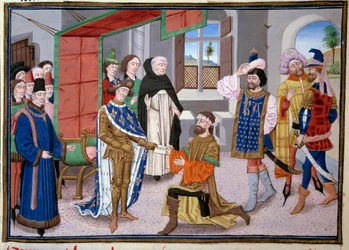 Syvende korstog: Konge af Frankrig Saint Louis (eller Louis IX) (1214-1270) i Nicosia på Cypern omkring 1245. Miniature fra "De store krøniker" af Jean Fouquet (1420-1481). Paris, Arsenals bibliotek