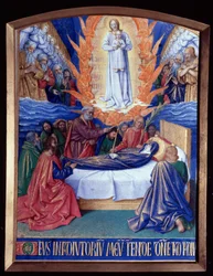 The Hours of the Virgin: The Death of the Virgin Miniature i "The Hours of Etienne Chevalier" af Jean Fouquet (1420-1481)