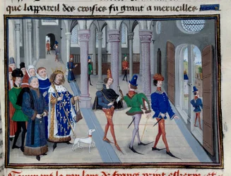 The King Saint Louis (Louis IX (1214-1270) appreting to leave overseas"" Miniature fra "Les Grandes Chronicles"" af Jean Fouquet (1420-1481), Paris, Library of the Arsenal