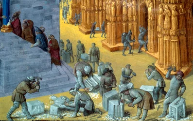 Opførelsen af Jerusalems tempel ved kong Salomon. Detalje med stenhuggerne. Miniature fra manuskriptet 