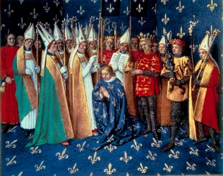 Filip 2. Augusts kroning i Reims den 1/11/1179. Miniature fra Saint-Denis-krønikerne, 15. århundrede. Paris, B.N.