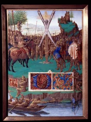 Sankt Andres martyr korsfæster miniature taget fra "The Book of Hours of Stephen Chevalier" af Jean Fouquet (1420-1477/1481)