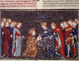 Hyldest af kong Edward III af England (1312-1377) til Philip VI af Valois (1294-1350), konge af Frankrig, i 1330. Miniature fra "Les grandes chronicles de france" af Jean Fouquet (1420-1481)