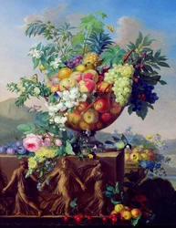 Coupe med blomster og frugt