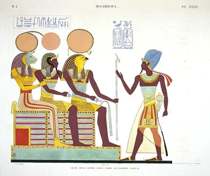 Kalkmaleri fra Ibsambul, der viser Ramses II vendt mod (l til r) Sekhmet, muligvis en guddommeliggørelse af Ramesses II og Re-horakhty