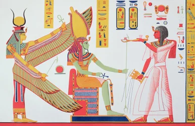 Ramses IV (1153-1147 f.Kr.) tilbyder røgelse til Isis og Amon-Re, siddende på en trone, kopi af et vægmaleri fra hans grav i Kongernes Dal, plade 260 fra Monuments dEgypte af Jean-Francois