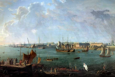 Udsigt over havnen i Lorient i det 18. århundrede. Detalje af et maleri af Jean-François Hue (1751-1823). Paris, Musée de la Marine