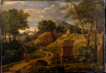 Klassisk landskab med en kvinde, der bærer et barn, ca. 1650-75 (olie på lærred)