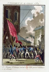Markis Bernard René Jordan de Launay (1740-89), guvernør for Bastillen, ført til Hôtel de Ville den 14. juli 1789