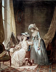 Den svære tilståelse. En tjener hører sin elskerinde. Tryk af Jean Francois Janinet (1752-1814)