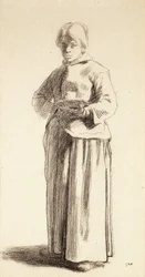 En stående kvinde holder en kop, ca. 1852-56