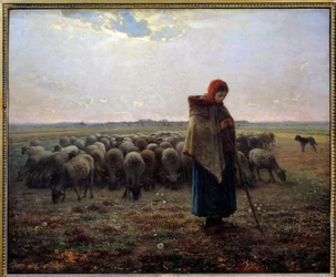 Bergere og hans får kaldte den store hyrde. Maleri af Jean Francois Millet (1814-1875)