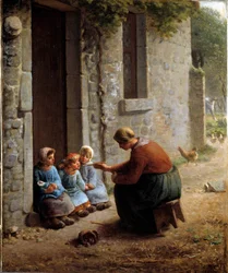 La becquee eller bonde, der fodrer sine børn. Maleri af Jean Francois Millet (1814-1875)