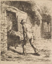Bonde skubber en trillebør, 1855