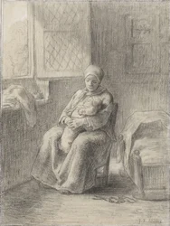 Siddende kvinde med en baby ved et vindue, ca. 1824-75 (kridt på papir)