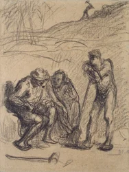 Tre bønder hviler, den ene læner sig op ad en spade, c1850-1851