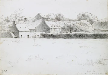 Udsigt over landbrugsbygninger på tværs af en mark, 1871 (grafit med sort kridt, pen og blæk og farveblyant på papir)