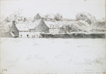 Udsigt over landbrugsbygninger på tværs af en mark, 6. august 1871