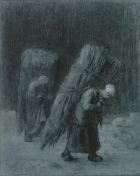 Kvinder, der bærer kviste, ca. 1858 (kul forhøjet med hvid gouache, trækulskant, på tungt lagt gråblåt papir)