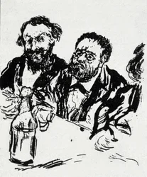 Maleren Edouard Manet (1832-1883) og forfatteren Emile Zola (1840-1902) ved bordet Karikatur af Jean Francois Raffaelli (1850-1924)