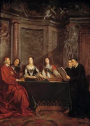 Samvittighedsrådet: St. Vincent de Paul, leder af samvittighedsrådet, der læser for kardinal Jules Mazarin (1602-1661), Peter Seguier (1588-1672), Dronning Anne af Østrig (1601-1666). ) og Ludvig XIV (1638).