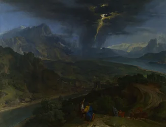 Bjerglandskab med lyn, ca 1675