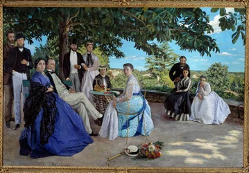 Familiemøde: portræt af en fransk borgerskabsfamilie samlet i en have. Fra venstre mod højre: Jean Frederic Bazille, hans onkel Monsieur des Hours, hans mor og far, hans kusine Pauline og hendes mand Monsieur Teulon, hans tante Madame des Hours og