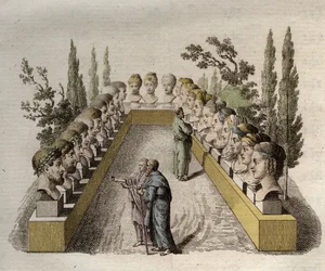 Fysiognomi - Fysiognomi - Adskillige filosoffer, der observerer og søger at trænge ind i forskellige fysiognomier - indgravering fra 1808 i "Kunsten at kende mennesker gennem fysiognomi" af Johann Gaspar (Gaspard) Lavater (1741-1801) - 1806