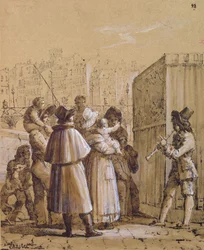 1tilskuere ser et Pulcinella-show nær Pont des Arts i Paris