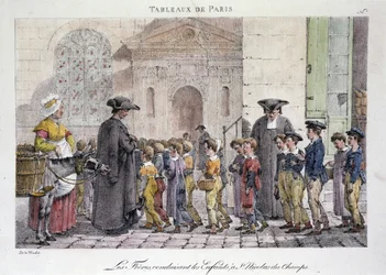 Tidligere gadehandel i Paris: brødrene kører børnene til Saint Nicolas des Champs (Saint-Nicolas-des-Champs), katolsk skole - gravering af Jean Henry Marlet (1771-1847) i "" Les Tableaux de Paris"", serie af 72 tryk, slutningen af ​​1800-tallet