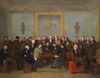 Episk skakkamp mellem Pierre Saint Amant og Howard Staunton i 1843) Peinture de Jean Henri Marlet (1771-1847) 1843 - Olie på lærred Dim 71x91,5 cm Privat samling