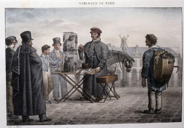 Tidligere gademetier i Paris: rottedødshandleren (camelot). Indgravering af Jean Henri Market (1771-1847) i "" Les Tableaux de Paris"", serie på 72 tryk, slutningen af det 19. århundrede.