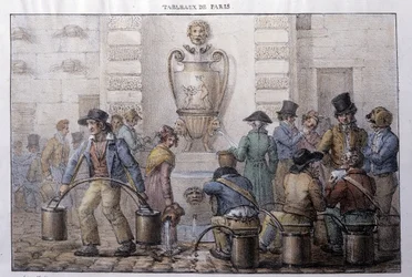 Tidligere gademetier i Paris: vandbeholder foran et springvand. Indgravering af Jean Henry Marlet (1771-1847) i "" Les Tableaux de Paris"", serie på 72 tryk, slutningen af det 19. århundrede.
