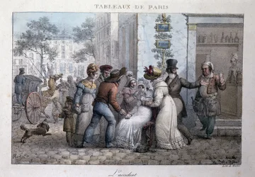 Gammelt gadebillede i Paris: ulykken (kvinde støttet af forbipasserende). Indgravering af Jean Henry Marlet (1771-1847) i "" Les Tableaux de Paris"", serie på 72 tryk, slutningen af det 19. århundrede.