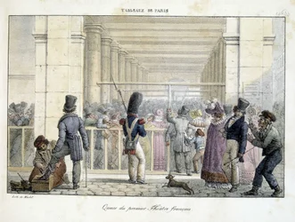 Kø ved Premier Théâtre Français, - litografi ved marked, i "" Tableaux de Paris""