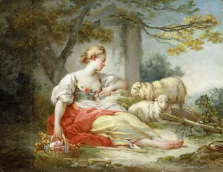 En hyrdinde siddende med får og en kurv med blomster nær en ruin i et skovklædt landskab,