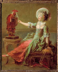 En ung pige har det sjovt med en kinesisk statue, der trækker hendes hår. Maleri af Jean Honore Fragonard (1732-1806) 1700-tallets privatsamling