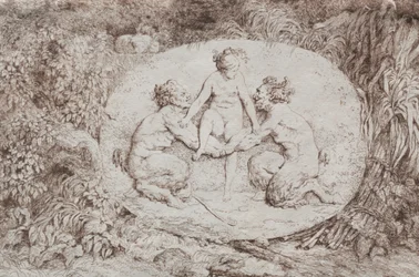 Bacchanales: Nymfe støttet af to satyrer