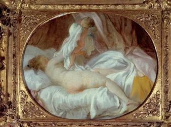 Erotik: »Den afklædte skjorte«. En ung kvinde tager sin skjorte af med hjælp fra en Amor. Før 1778. 0,35 x 0,42 m.