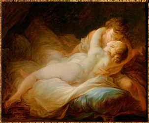 Erotik: »Øjeblikket af begær« eller »Lykkelige elskende«. Et par, der kysser i en seng. Maleri af Jean Honoré Fragonard (1732-1806), 18. århundrede. Privat samling