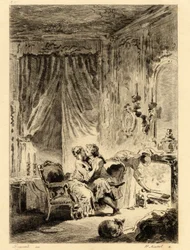 Jean de la Fontaine (1621 - 1695). "" Fortællinger. The prayer of Saint Julien”, illustration af Fragonard (1732 - 1806). Tegning.
