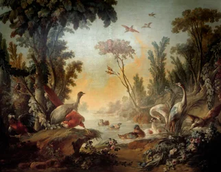 Landskab med Echassiers Panel af Salon Demarteau realiseret af Jean Baptiste Huet (1745-1811) og Jean Honore Fragonard (1732-1806)