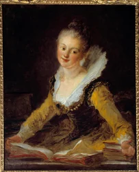 Undersøgelse. En kvinde har sit kontor til at bladre i bøger for at lære. Maleri af Jean Honore Fragonard (1732-1806)