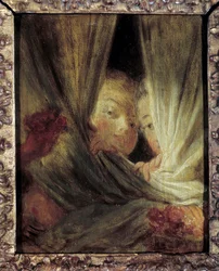 De nysgerrige To små piger, der spionerer bag gardinerne. Maleri af Jean-Honore Fragonard (1732-1806) 1700-tallet søn. 0,16x0,12 m.